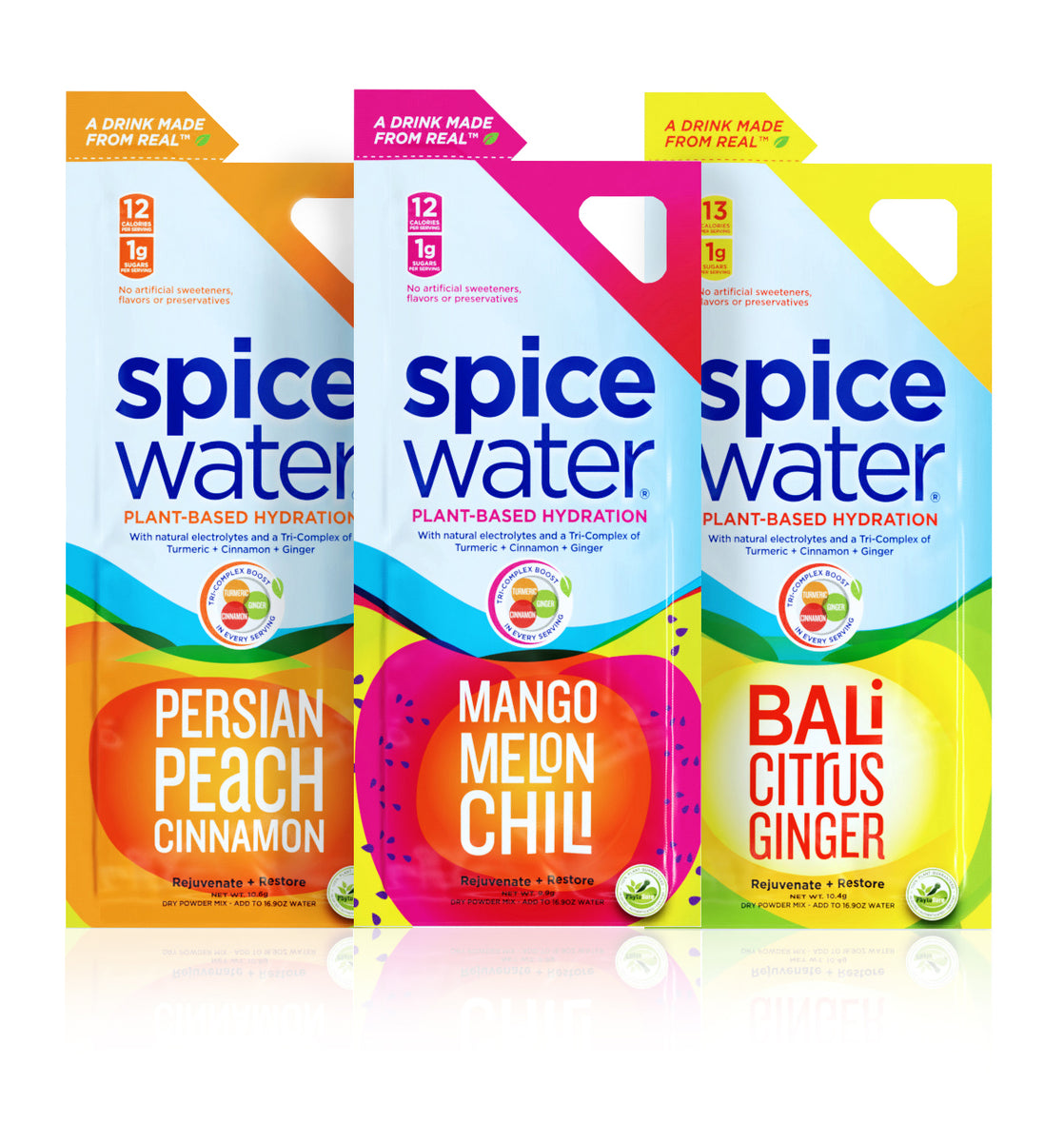 Spicewater® single-serve pouches and packets for on-the-go lifestyle. Three flavors, Bali Citrus Ginger, Persian Peach Cinnamon, and Mango Melon Chili. All are low calorie, low sugars, packed with nutrients and health benefits.